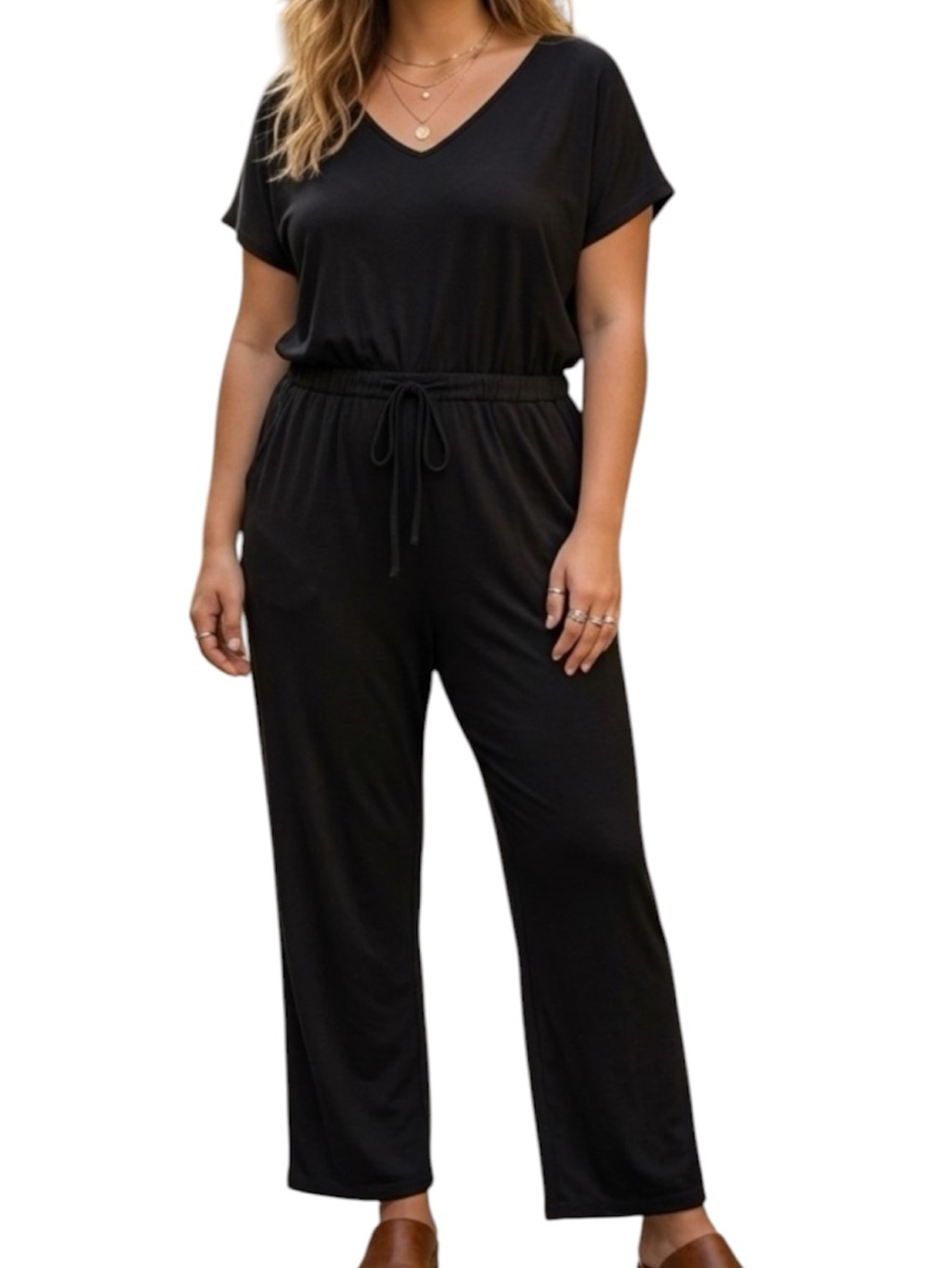 SANSARA Black Drawstring Jumpsuit Short Sleeve Deep V Neckline Size Medium